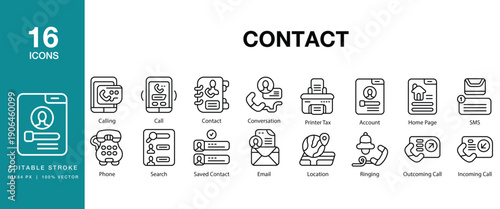 Contact icon set. Includes contact, phone, address, email, support, communication and More. Editable Stroke Icon Collection.