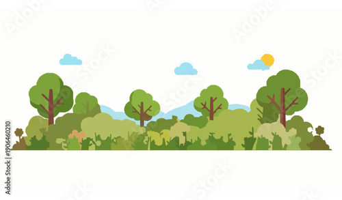 Vibrant Cartoon Meadow Landscape Vector with Green Trees Colorful Flowers Flying Bees and Sunny Sky Icons on White
