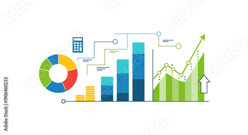 Business growth graph with pie chart and calculator on white background illustrating financial success