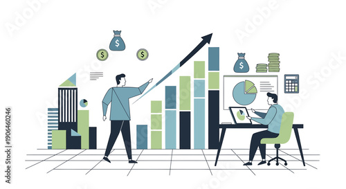 Business professionals analyzing financial growth with charts and graphs in modern office