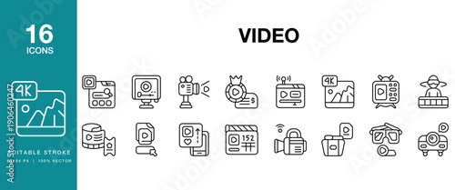 Video icon set. Includes video, streaming, play, media, film, movie, recording and More. Editable Stroke Icon Collection.