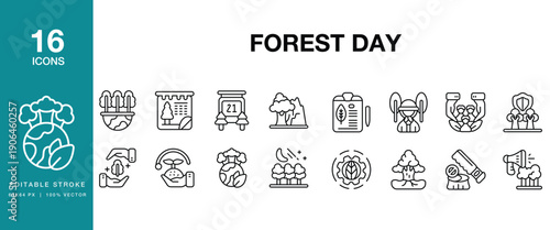Forest Day icon set. Includes forest, trees, nature, ecology, environment, conservation and More. Editable Stroke Icon Collection.