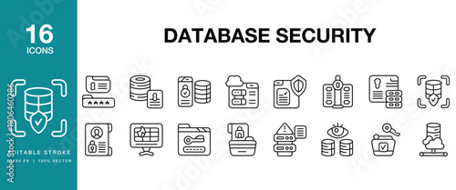 Database Security icon set. Includes database, security, encryption, firewall, access, authentication and More. Editable Stroke Icon Collection.