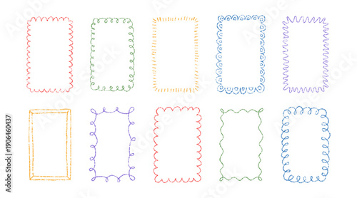 Crayon doodle scalloped frames. Chalk wavy hand drawn borders. Color cute rectangle photo frames with crayon texture. Wavy sketch line mirror borders. Vector illustration isolated on white background.