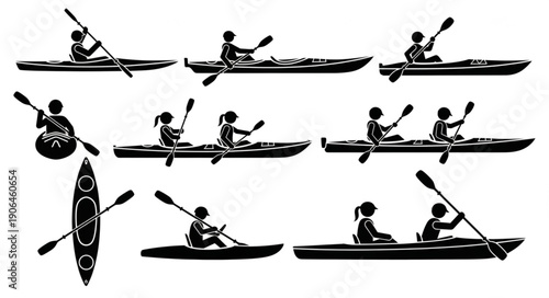 Collection of Kayaking Silhouettes Showing Different Poses and Boats.