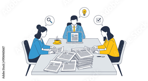 Three colleagues brainstorming ideas at a table with newspapers and laptops in a meeting
