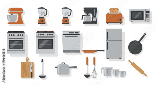 Collection of Kitchen Appliances and Utensils Vector Illustration.