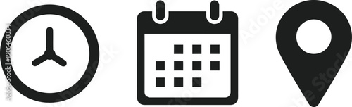 Black icons of clock calendar and map pin on white background for organization and planning