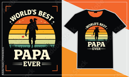 Father and child silhouette on sunset background t-shirt design