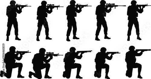 Silhouette, soldiers, military, aiming, rifles, tactical, combat, training, infantry, army, special, forces, patrol, defense, security, warfare, isolated, white, background, illustration