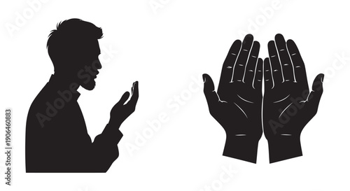 Man Praying with Hands Together in Silhouette against White Background