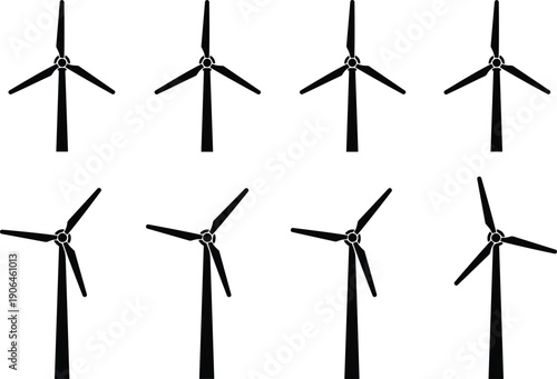 Wind turbine silhouette set showing rotating blades positions, renewable energy icons isolated on white background, clean vector illustration collection