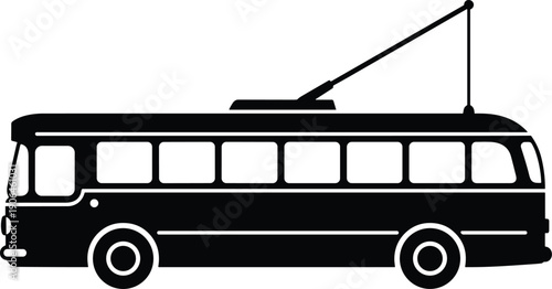 Vintage trolleybus silhouette, electric public transport vehicle icon, retro city tram bus with overhead pole, isolated black vector illustration