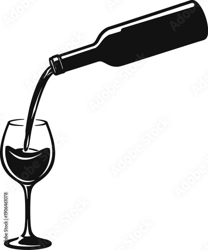 Wine bottle pouring red wine into glass, elegant beverage silhouette illustration isolated, restaurant bar service concept on white background vector