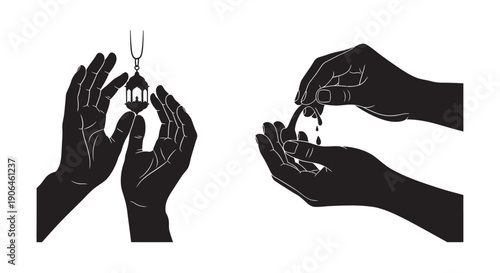 Hands holding and pouring water droplets in a minimalist style