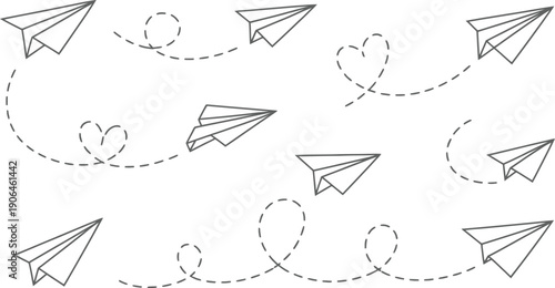 Paper airplanes flying in different directions with dotted lines and hearts on white background