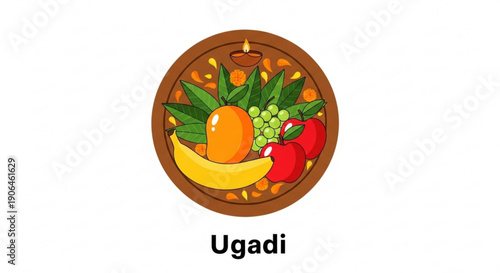 Ugadi festival celebration with traditional fruit and leaf plate on white background