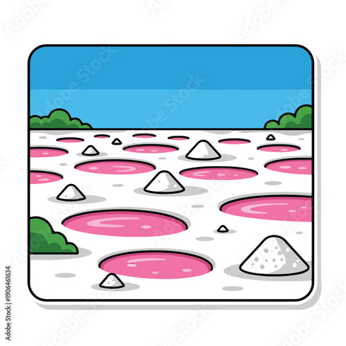 A cartoon landscape with pink pools and white mounds on a white ground