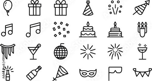 Black line icons for birthday party celebration including gifts music cake and fireworks on white background