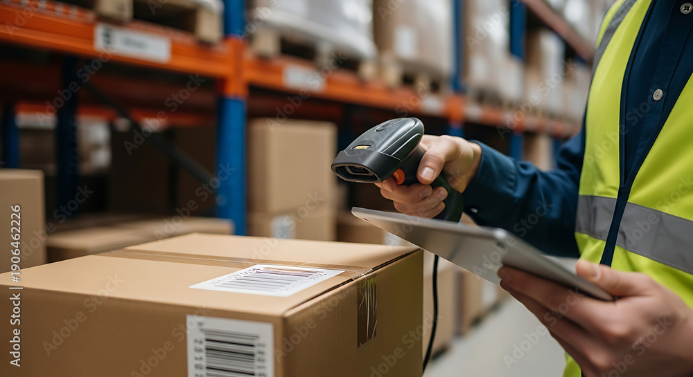 © fia - Worker meticulously performing warehouse operations and enhancing inventory management through advanced scanning technology © fia - Worker meticulously performing warehouse operations and enhancing inventory management through advanced scanning technology