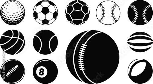 Collection of black and white sports balls icons including baseball soccer basketball and more on white background