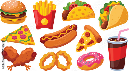 Colorful fast food icons including burgers tacos pizza and drinks on white background