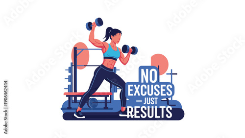 A determined woman working out in a gym with a motivational quote