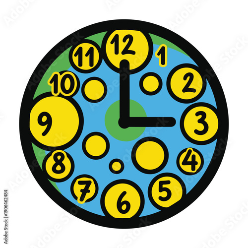 A colorful cartoon clock with yellow numbers and black hands
