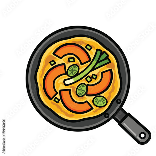 A cartoon-style illustration of a frying pan with food