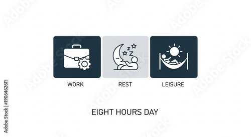 Daily routine icons representing work rest and leisure activities in a 24 hour cycle
