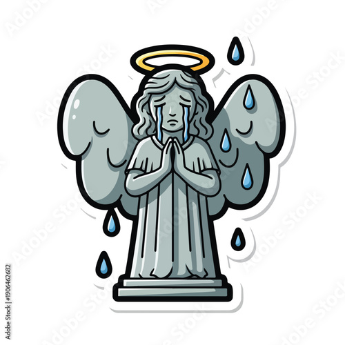 A gray angel statue with tears
