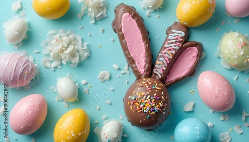 Easter Sweets Concept Bunny Ears Chocolate Eggs Turquoise Background Top View