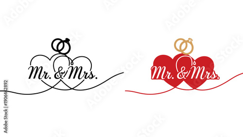 A wedding logo design featuring Mr. & Mrs. with hearts and rings