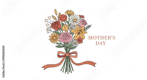 Vibrant bouquet of flowers with orange ribbon and 'mother's day' text on white background perfect for holiday greeting cards and gift tags