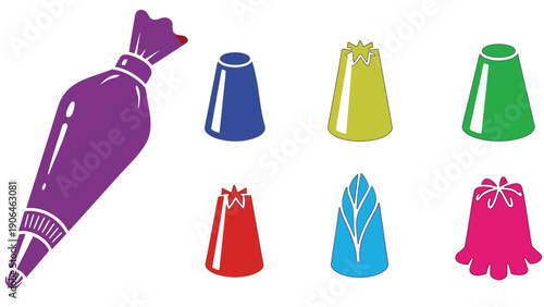 Colorful pastry bags and tips for decorating cakes and pastries