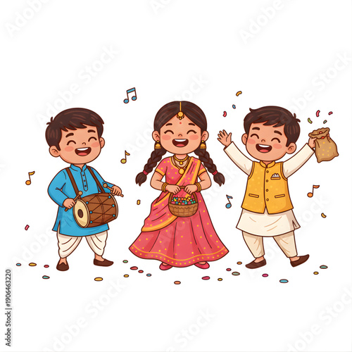 Children dressed in traditional clothes at wedding, playful vector caricature
