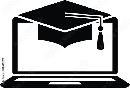 Graduation cap on laptop computer screen symbolizing online education and learning