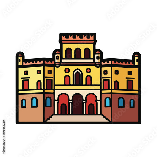 A colorful cartoon castle with yellow, orange and red walls