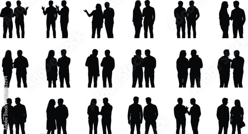 People silhouette collection showing conversations and discussions, men and women talking poses, social interaction, teamwork, communication concept, minimal black vector illustration
