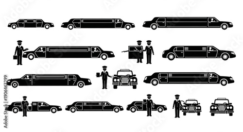 Collection of Limousine Silhouettes with Chauffeurs.