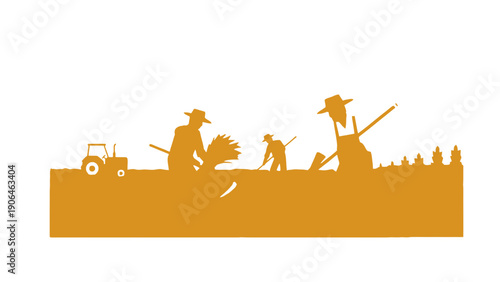 Farmers harvesting wheat in a field with a tractor nearby