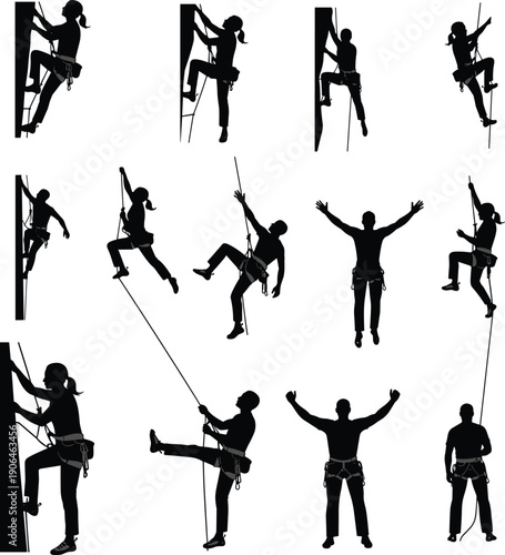 Rock, climbing, silhouettes, people, safety, rope, harness, adventure, sport, training, mountaineering, teamwork, ascent, fitness, outdoor, vector, illustration, black, isolated, background