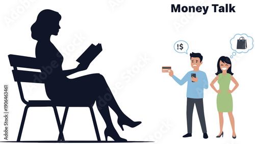 A cartoon illustration of a couple discussing money with a silhouette of a woman reading a book