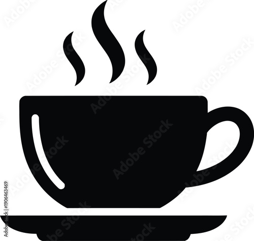 Black silhouette of a steaming hot cup of coffee on a saucer