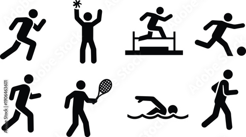 Sports activity icons set, running jumping hurdling football tennis swimming and hiking silhouettes for fitness training infographic isolated vector