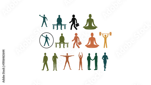 A colorful illustration of various people engaging in fitness activities and exercises