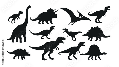 A group of various dinosaurs in black silhouette on a white background
