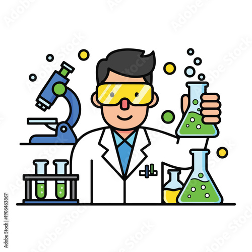 A cartoon scientist in goggles holding a beaker