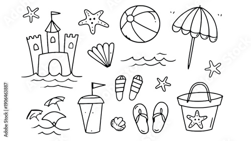 A collection of beach icons and illustrations on a white background