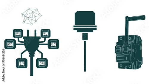An illustration of industrial and technological components on a white background